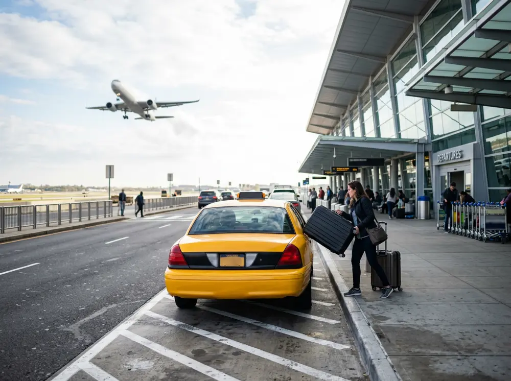 Traveler loading luggage into a yellow taxi at the airport departures curb