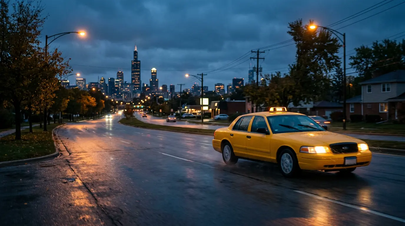 Yellow JRS Xpress taxi driving on a Cicero street at dusk with the Chicago skyline behind